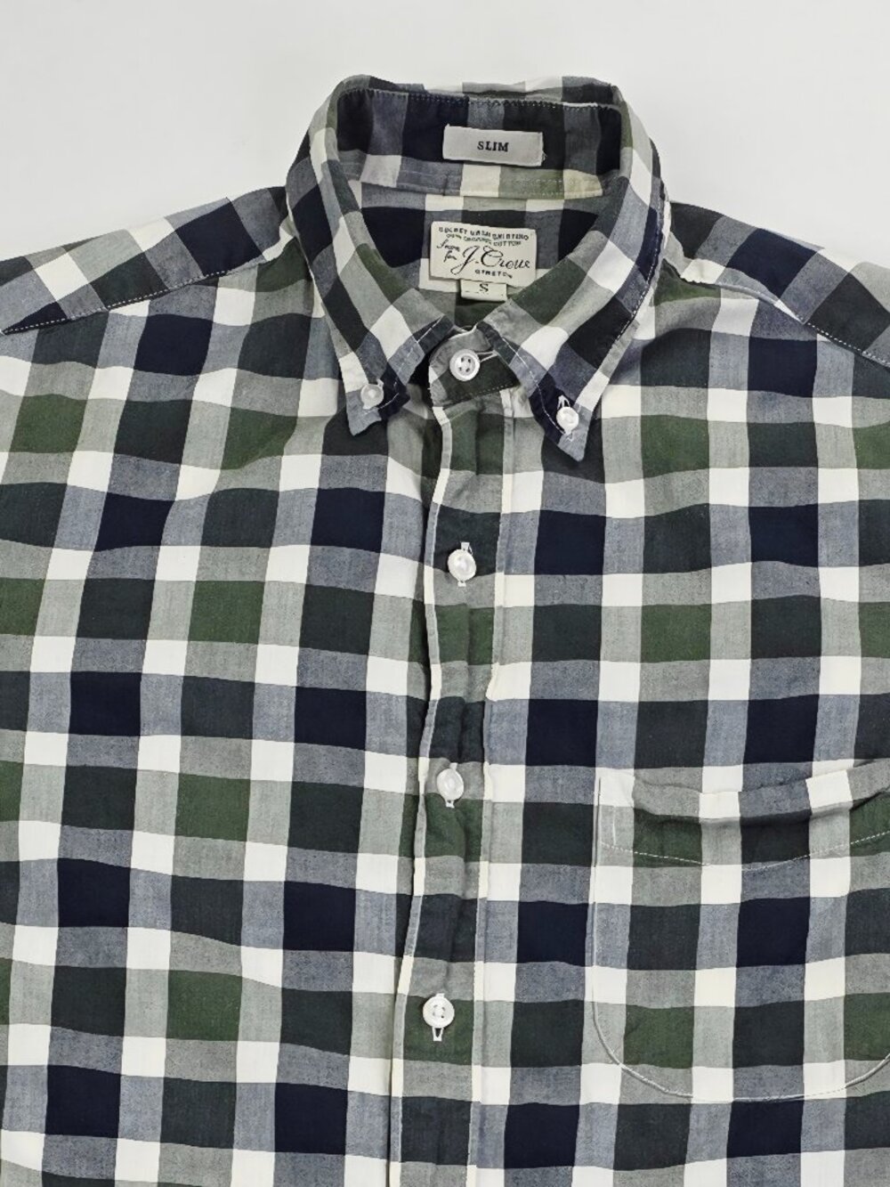 J. Crew Slim Stretch Olive White Blue Check Size Small Button Down Long Sleeve